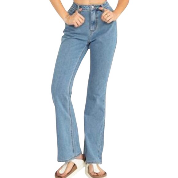 Blue High Waisted Zipper Fly 5 Pocket Flare bottom Jeans - Picture 4 of 6